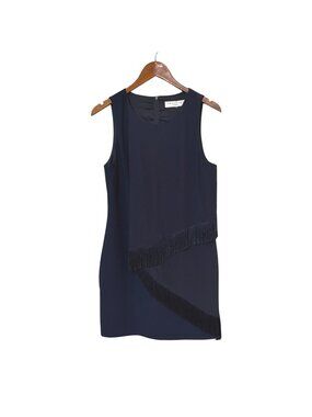 Trina Turk Navy Fringe Accent Sleeveless Shift Dress Polyester Silk Day to Nite